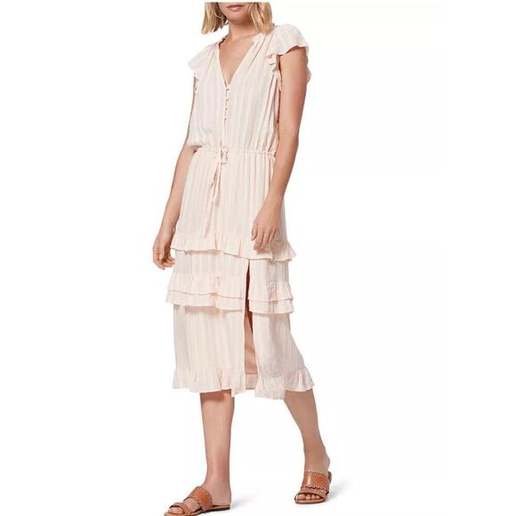 PAIGE Dresses & Skirts - PAIGE Split Neck Illyria Ruffled Tiered Midi Dress in Cream Tan size XS